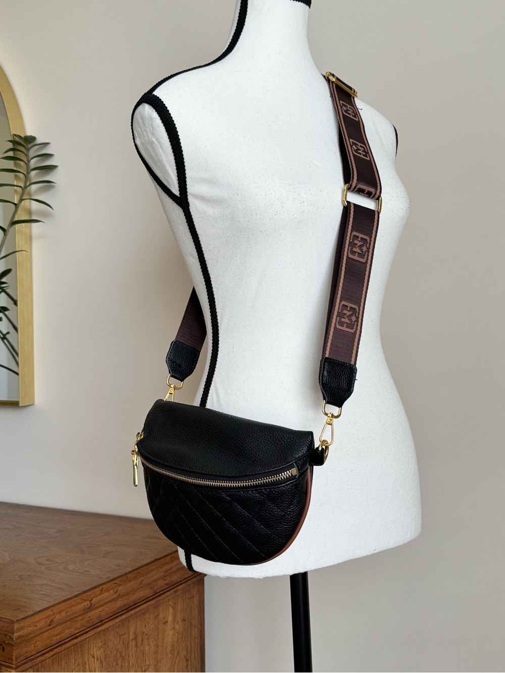 NWOT Black Quilted Crossbody Bag with Brown Adjustable Strap